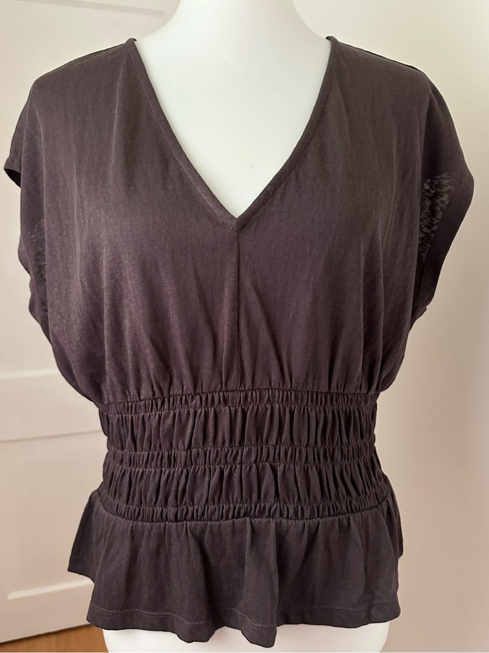 Michael Kors Brown Smocked Waist V-Neck Cotton Blend Top